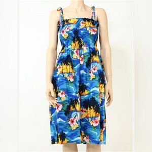 Pacific Legend Sunset Blue Cotton Hawaiian Tube Midi Dress